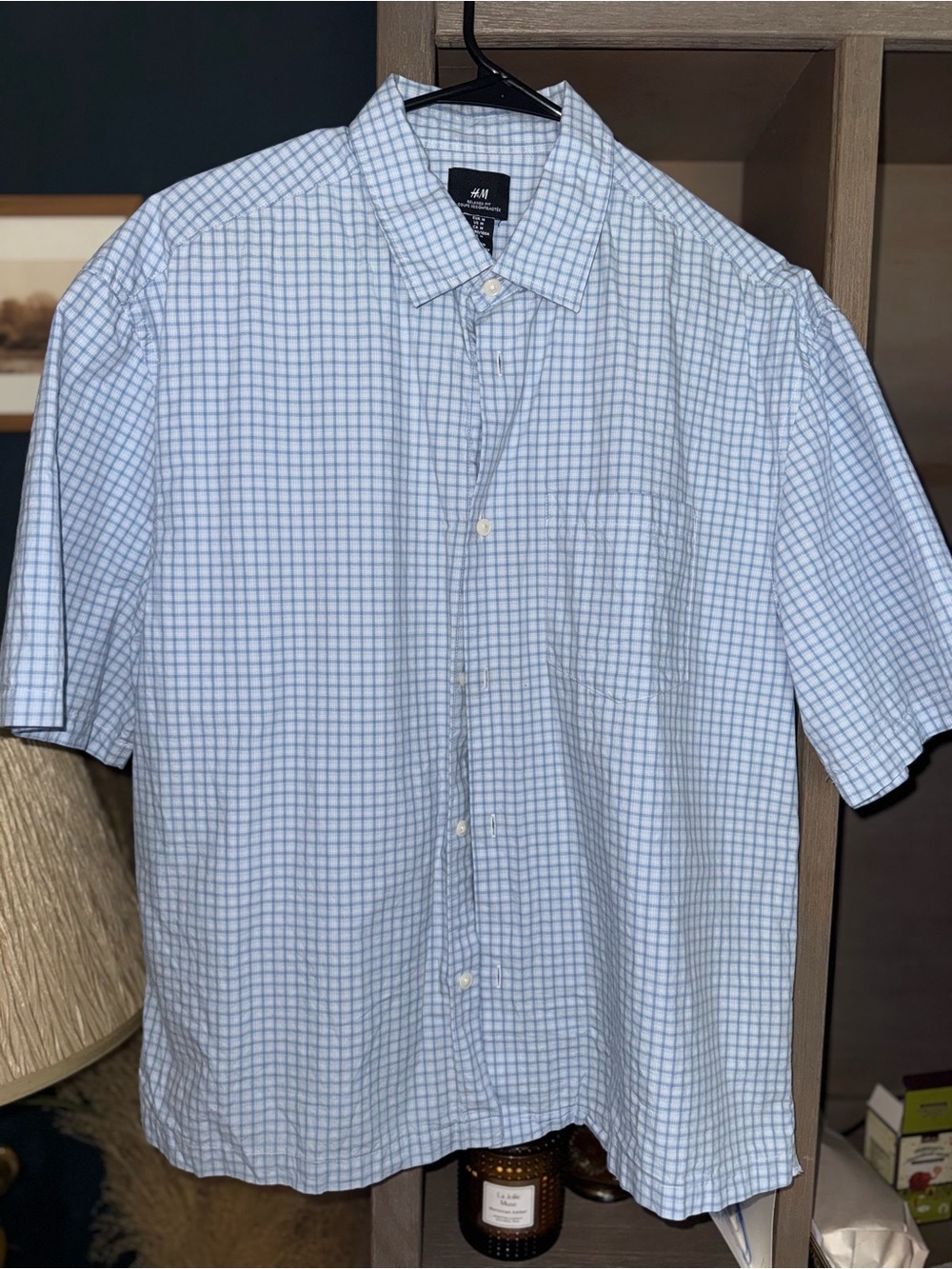 H&M Pale Blue and White Check Short-Sleeve Button-Down Shirt